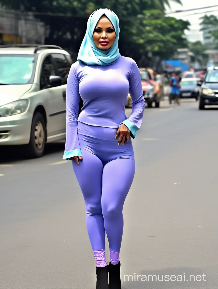 wanita hijab indonesia rambut hitam, berwajah seperti pamela anderson.
Umur 40 tahun. berbibir tebal, lebar dan sexy. riasan make up tebal.

manset ketat tipis biru pastel dan Legging violet pastel tipis.

berdiri dengan pantat menungging, Di jalanan

