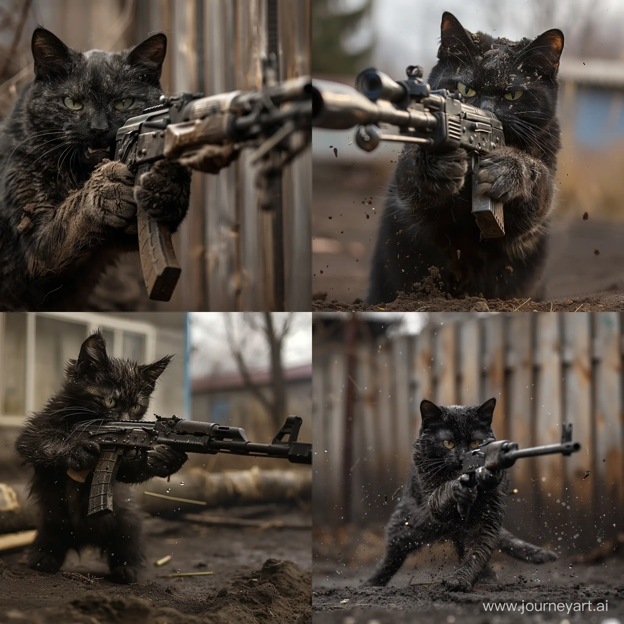 Кот, в русской форме, воюющий под Авдеевкой, немного грязный, чёрного цвета, с русским автоматом