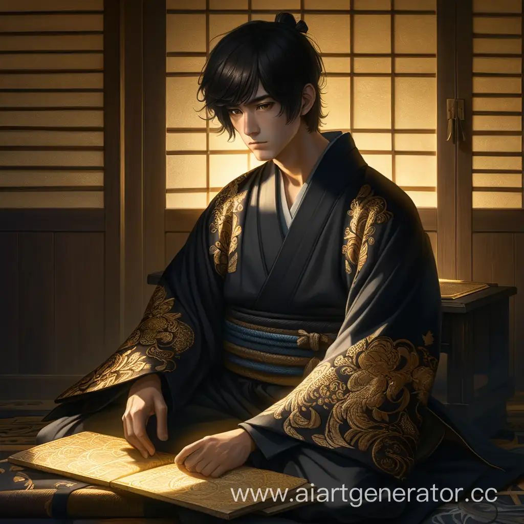 Молодой темноволосый мужчина сидит со свитками в руках в темной комнате, освещенной только солнечным светом из окна. Одет в темное кимоно с золотой вышевкой. Его темные глаза выглядят уставшими.