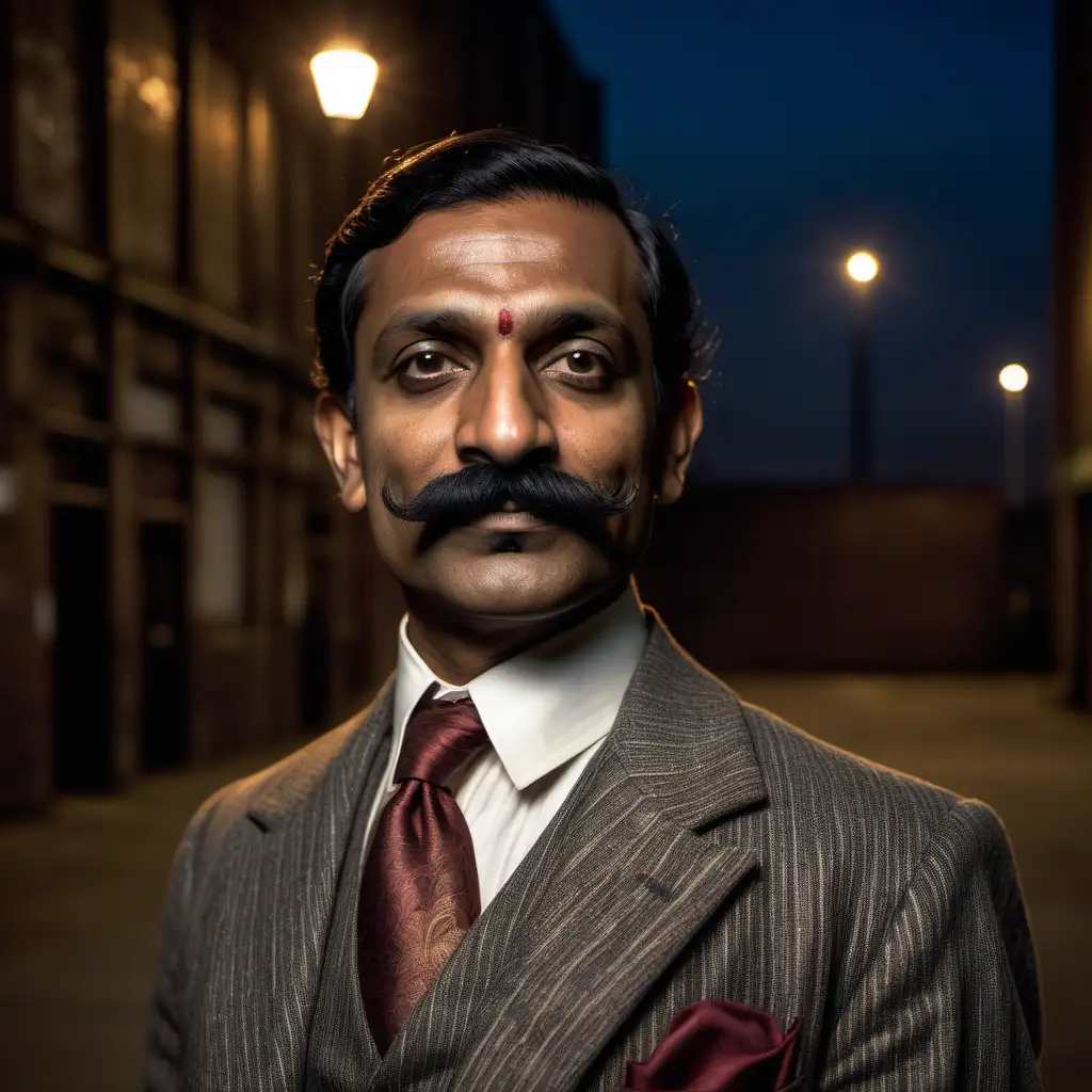 Full colour image. An indian man in his 40s with a bushy moustache. Dressed in a 1920s suit. He has a warm friendly face. The background is a London Warehouse at night.