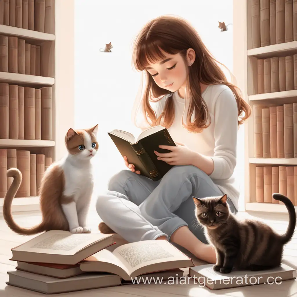 books lover girls and two cat white and brow