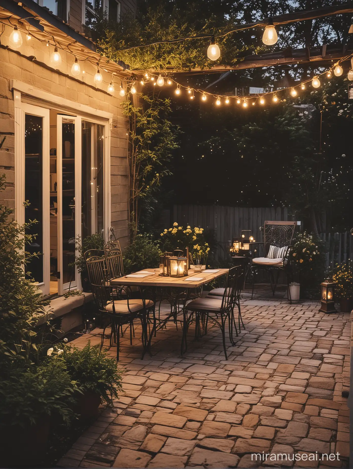 a picture taken on instagram of a patio with a table and chairs, outdoors lighting, cozy night fireflies, outdoor lighting, cozy lights, cinematic outdoor lighting, night outdoors, cozy atmosphere, soft outdoor light, cozy lighting, outdoors at night, outside lighting, soft filtered outdoor lighting, cosy atmosphere, outdoors setting, warm lantern lighting, cozy setting, string lightsHigh-quality, photographic images with ultra-high detail.