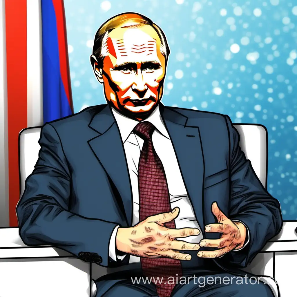 Нарисовать в стиле комикса марвел и карикатуры: Путин дает интервью народу США в телестудии