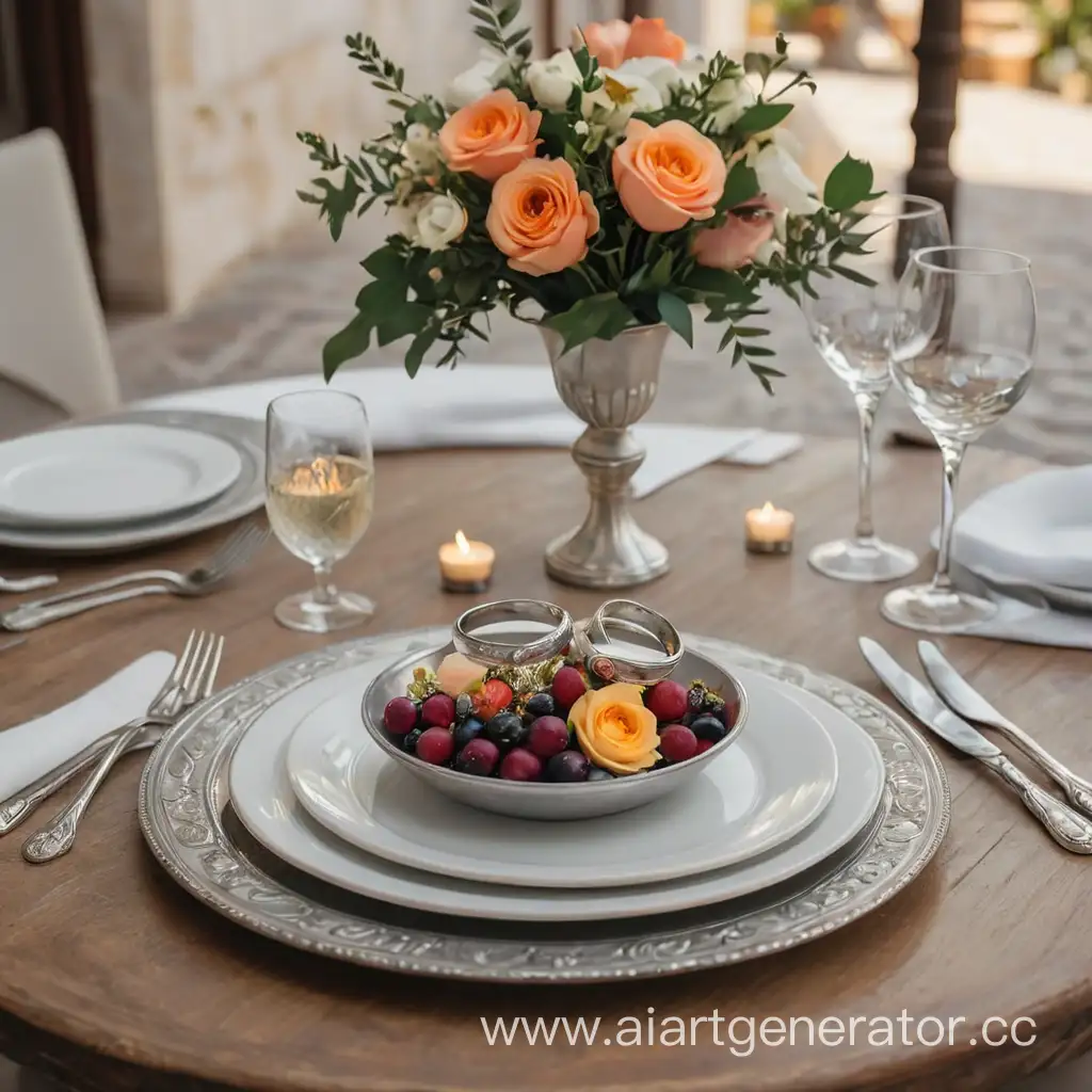 Two silver wedding rings are on a platter. The dish is on the table. The table is decorated with flowers and wine. The table is in a restaurant decorated in the style of Greece
