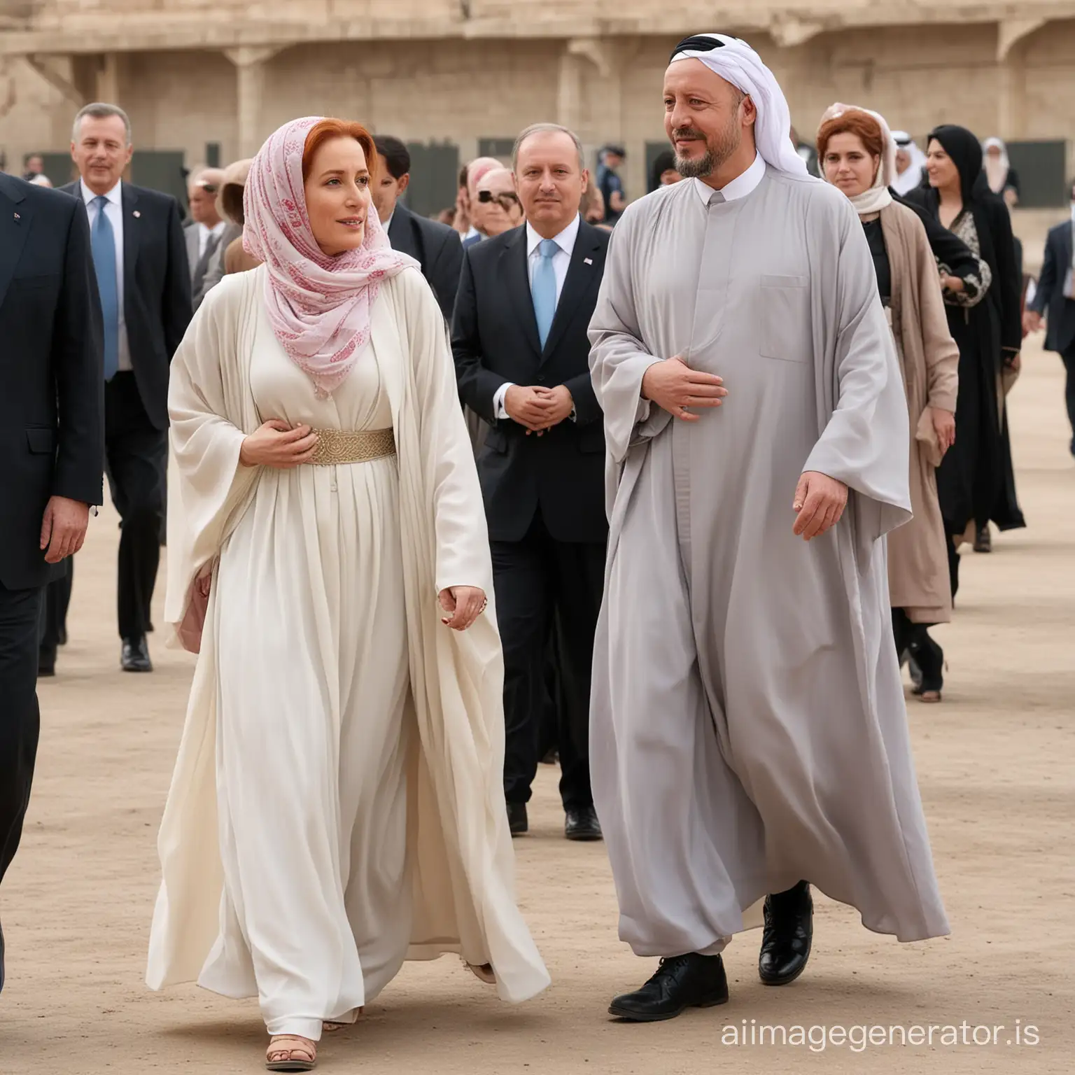 red haired Gillian Anderson wearing a hijab with floor length jilbab and long flowing outer abaya strolling hand in hand with president Erdogan