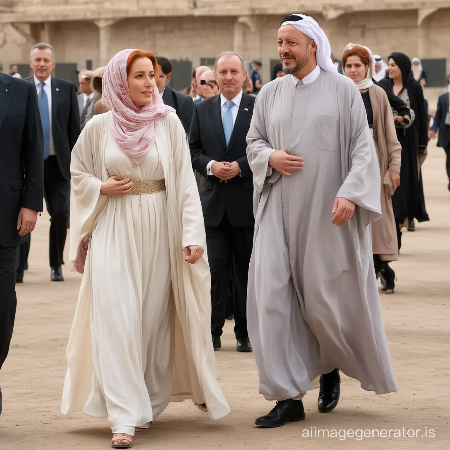 Red Haired Gillian Anderson Wearing Hijab Strolling Hand in Hand with ...