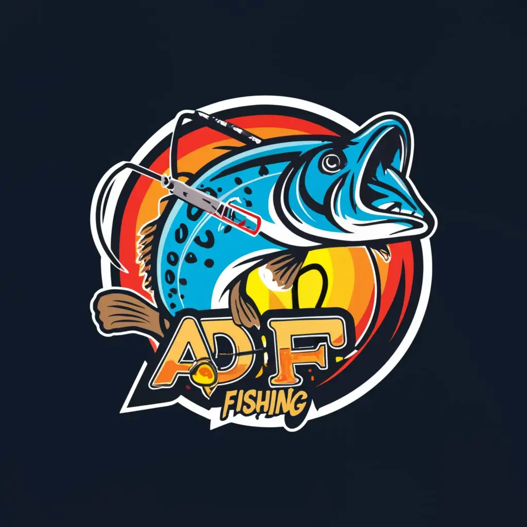 a logo design,with the text "ADF - Fishing", main symbol:Logo with a colored pike fish species with a fishing rod in the background with a lake for a YouTube channel in detailed colorful png format,Moderate,be used in Sports Fitness industry,clear background