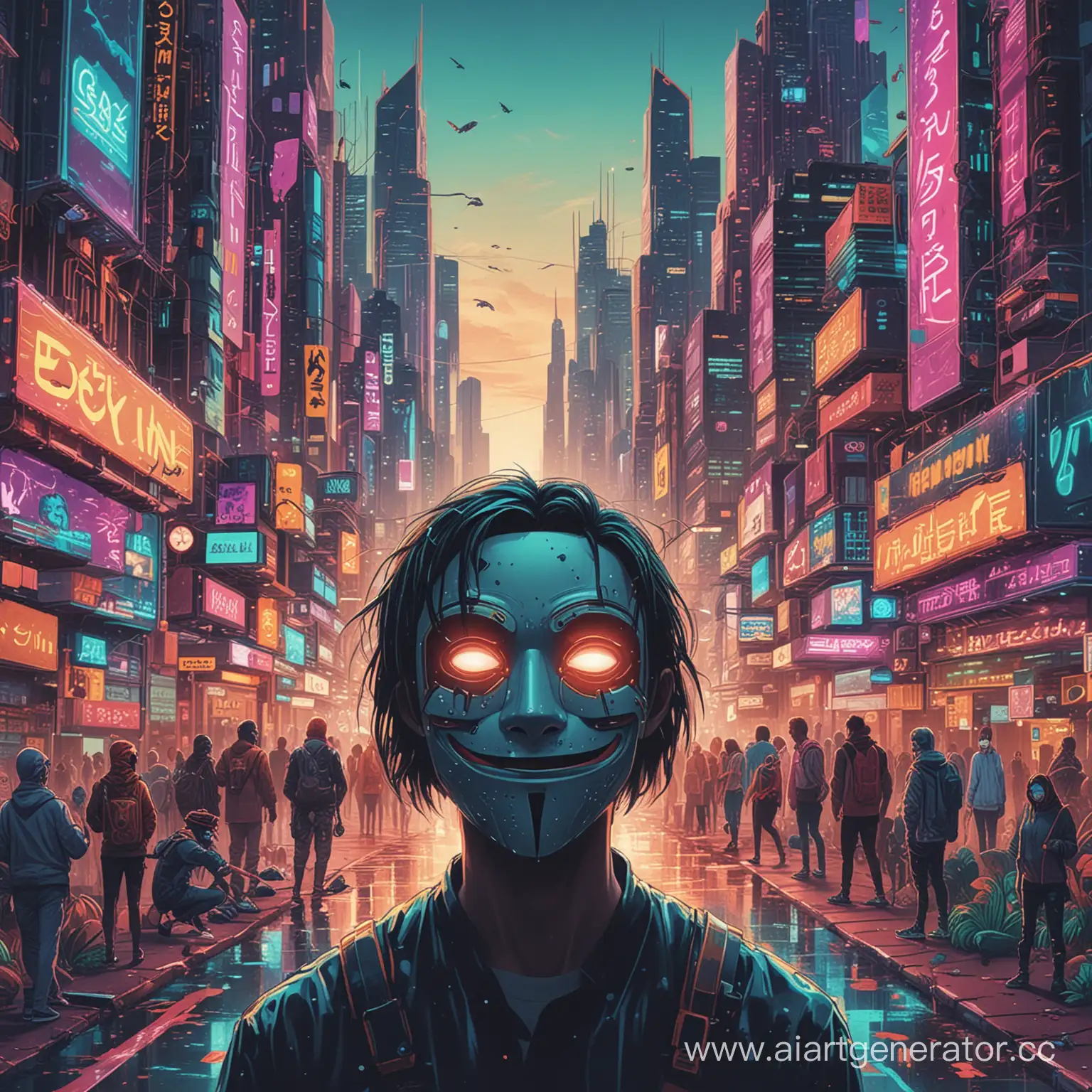 Futuristic-Cityscape-with-Sinister-Creatures-and-Creepy-Smiling-Masks