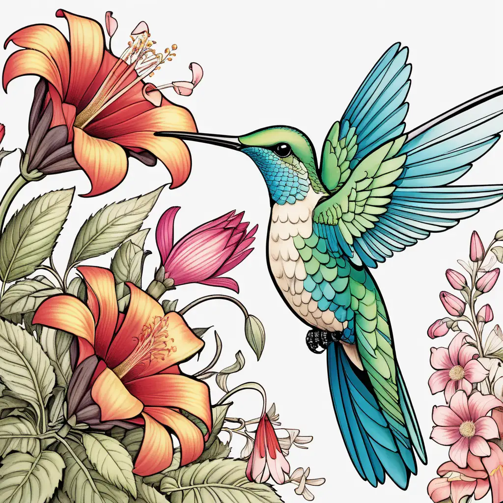 Colored page with A big exquisite colibri and one big flower