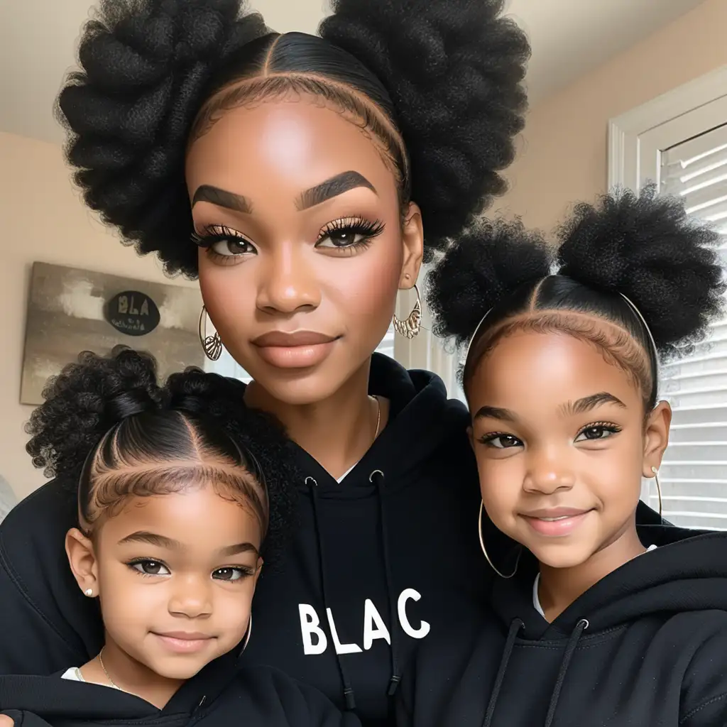beautiful black mother, beautiful black twin teenage daughters, baby hairs, they are all wearing black sweatshirts that says blac is beautiful