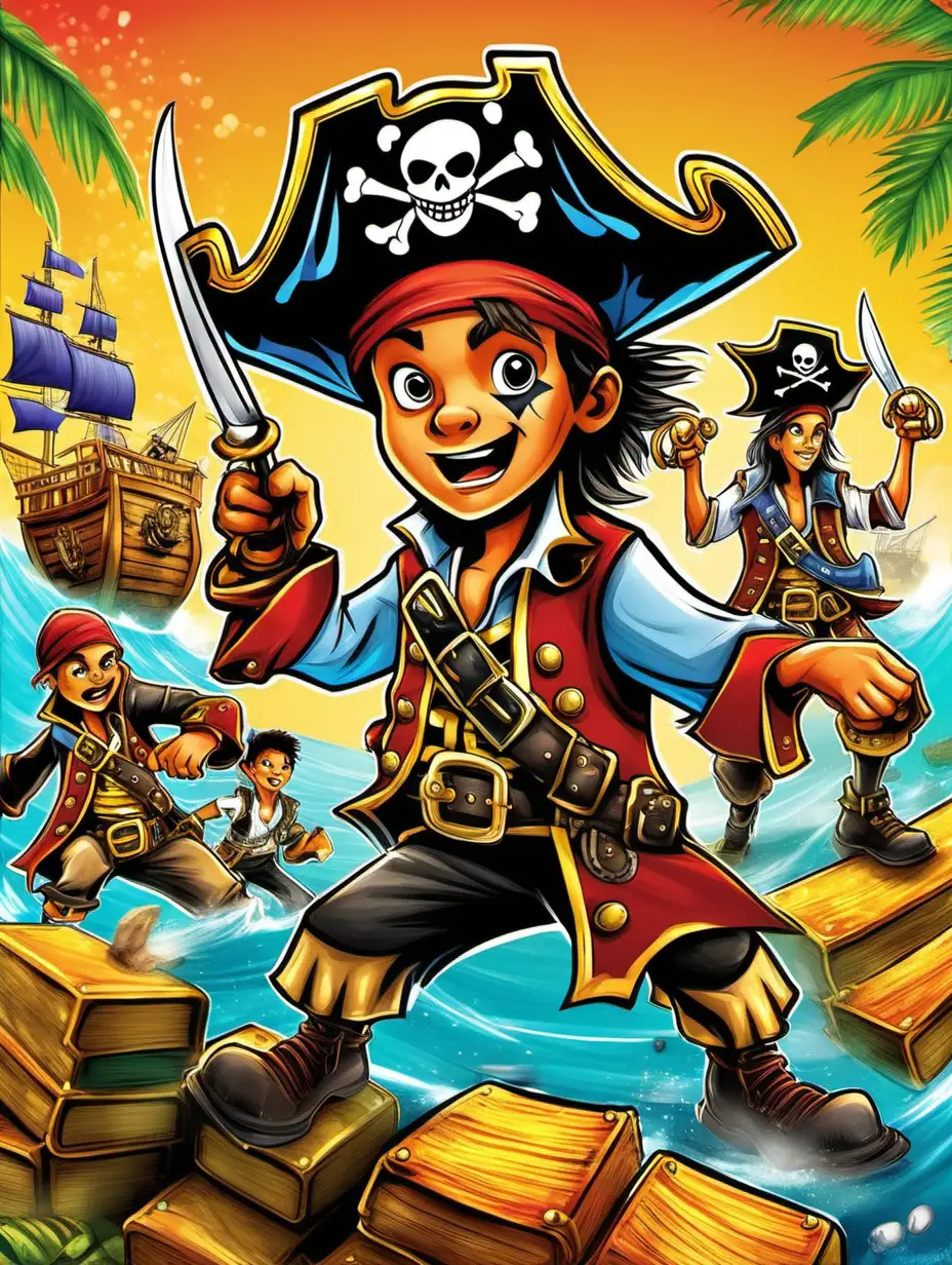 creat an illustration style cover for abook, vivid color , low detail, theme pirates  
 treasure doing energetic fighting
, targeting boys ages 5 to12, with a hand filling the colors

