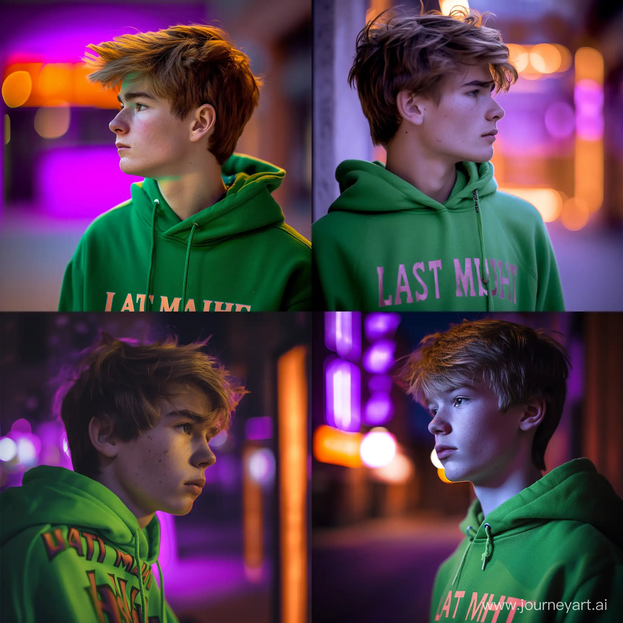 A teenager in a green hoodie with the words "LAST MATCH" looks to the side, his face illuminated by soft light. The background is blurred, with elements of purple and orange, creating the feeling of being in a neon-lit room. The expression on the face is thoughtful and concentrated. The teenager's hair color is light brown. The style of the image is reminiscent of modern urban photography with elements of low-light portraiture. The shooting angle is profile, the camera is focused on the face with a depth of field that blurs the background, the lighting is soft, lateral, and the resolution is high.