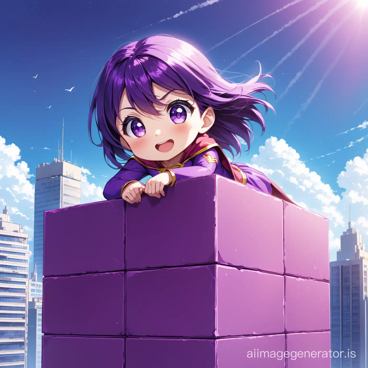 Happy purple Block super girl with purple eyes and mouth.
He is on top of a building and is looking down.
also see purple block can be seen in the sky
Details are evident beautifully and with great precision