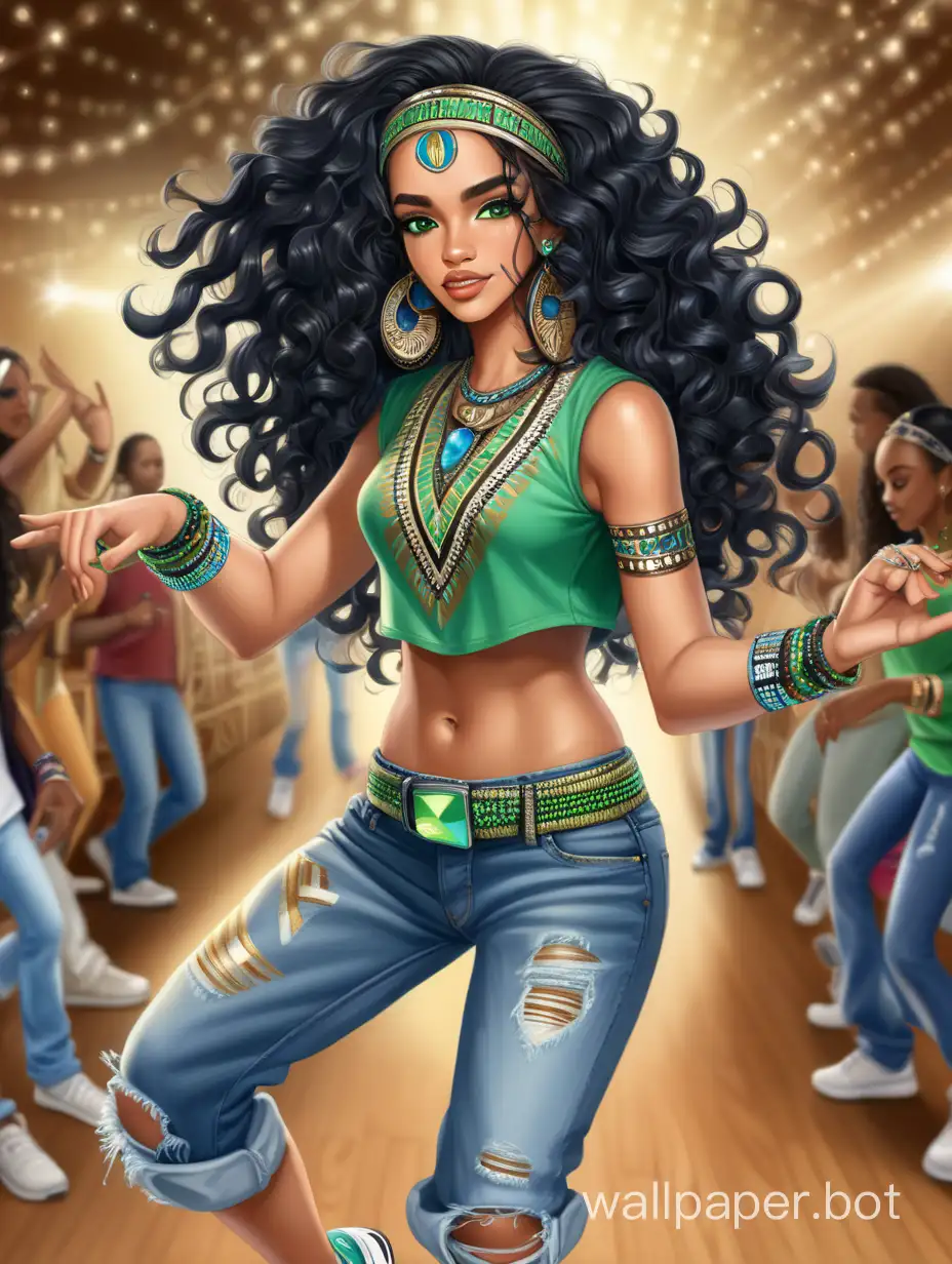 прекрасная женщина латиноамериканка, длинные черные волосы в крутую завиты, глаза зеленые искристые, на лбу ободок с инкрустацией зеленых камней драгоценных, одета  в тунику африканскую, джинсы синие, кроссовки найк, на руках браслеты африканские, танцует на дансполе...