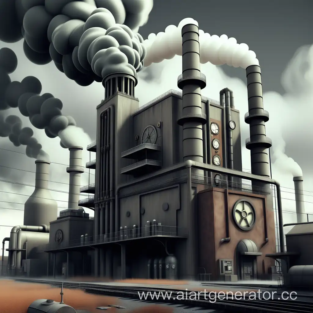 атомная электростанция в жанре стимпанка, вокруг ядовитые пары, тона мрачные тусклые серые