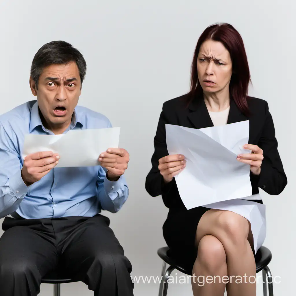 Раздраженный Мужчина сидит боком и держит листов бумаги, напротив него сидит женщина и не держит бумагу 