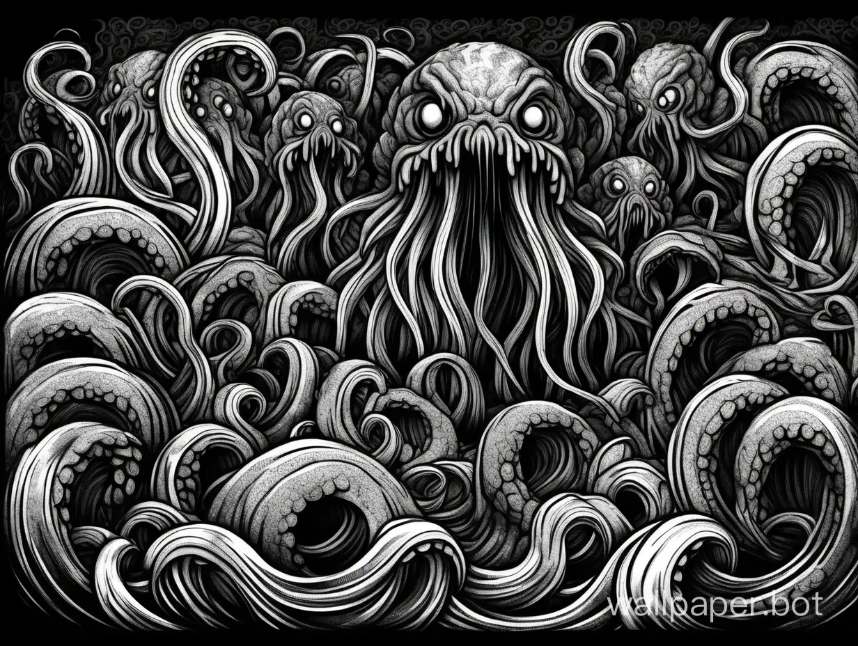 Ornamental old dark tentacles, hipperdetailed furious hatching, Ornamental waves, explosive dripping asymmetrical, sketch black drawing, horror, black lines, black background