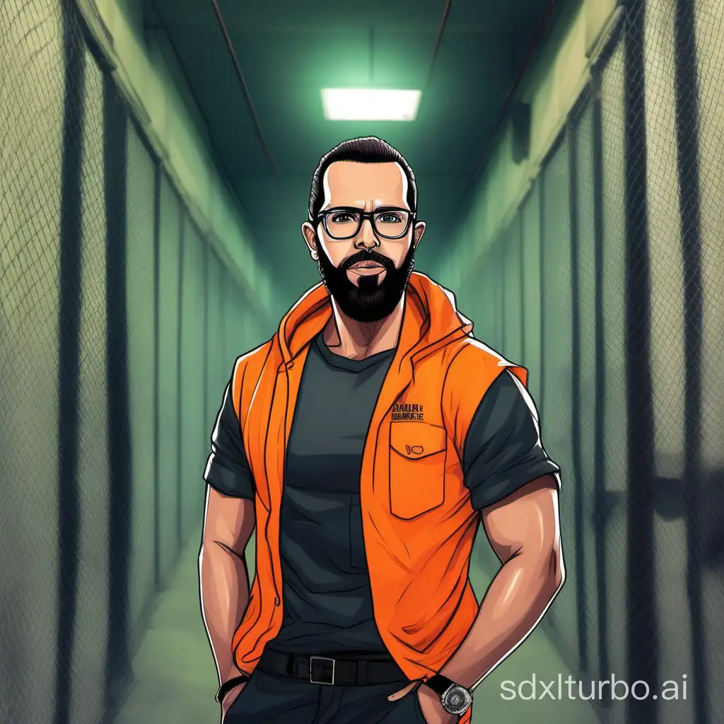 You are a famous political cartoonist and you are asked to create an image of Nayib Bukele muscular and with glasses and neon orange sneakers. In a maximum security prison. 