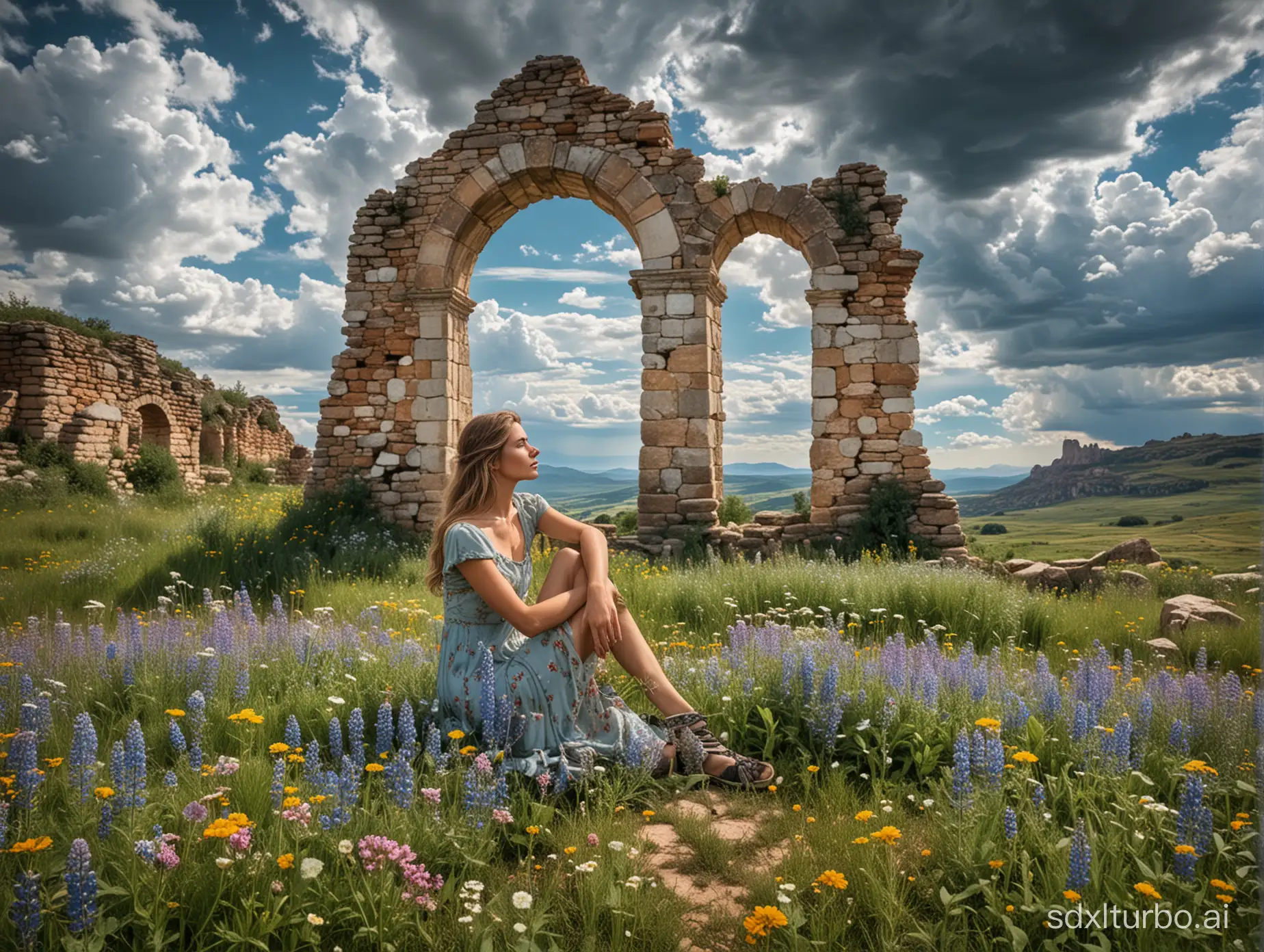 An old ruin surrounded by wildflowers and herbs, majestic cloudscape with a pretty woman sitting in the glass.