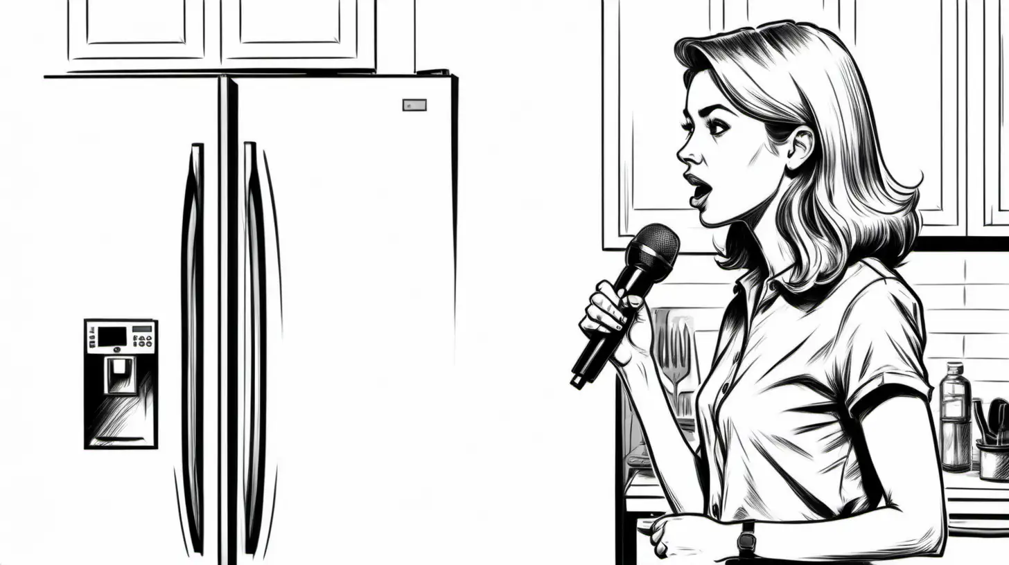 Side View of a young woman news presenter with a microphone standing in a kitchen by a fridge in a black and white sketch style