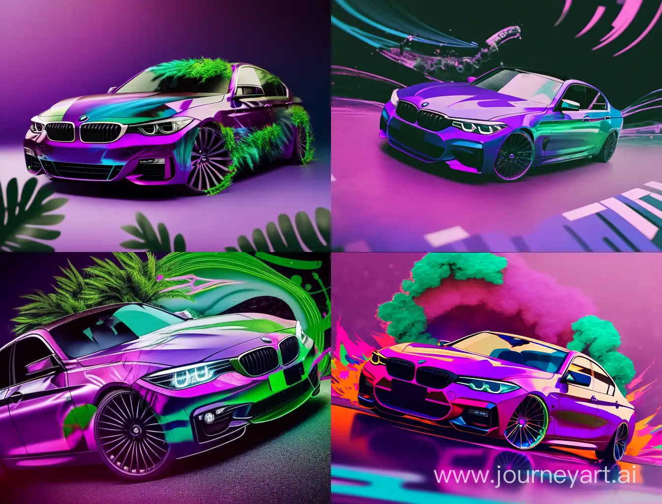 Creatively reimagined BMW car, attractive shape, green, purple, white, fuchsia colors, with a modern background. Professionally reimagined, after the word distinction, attractive.
