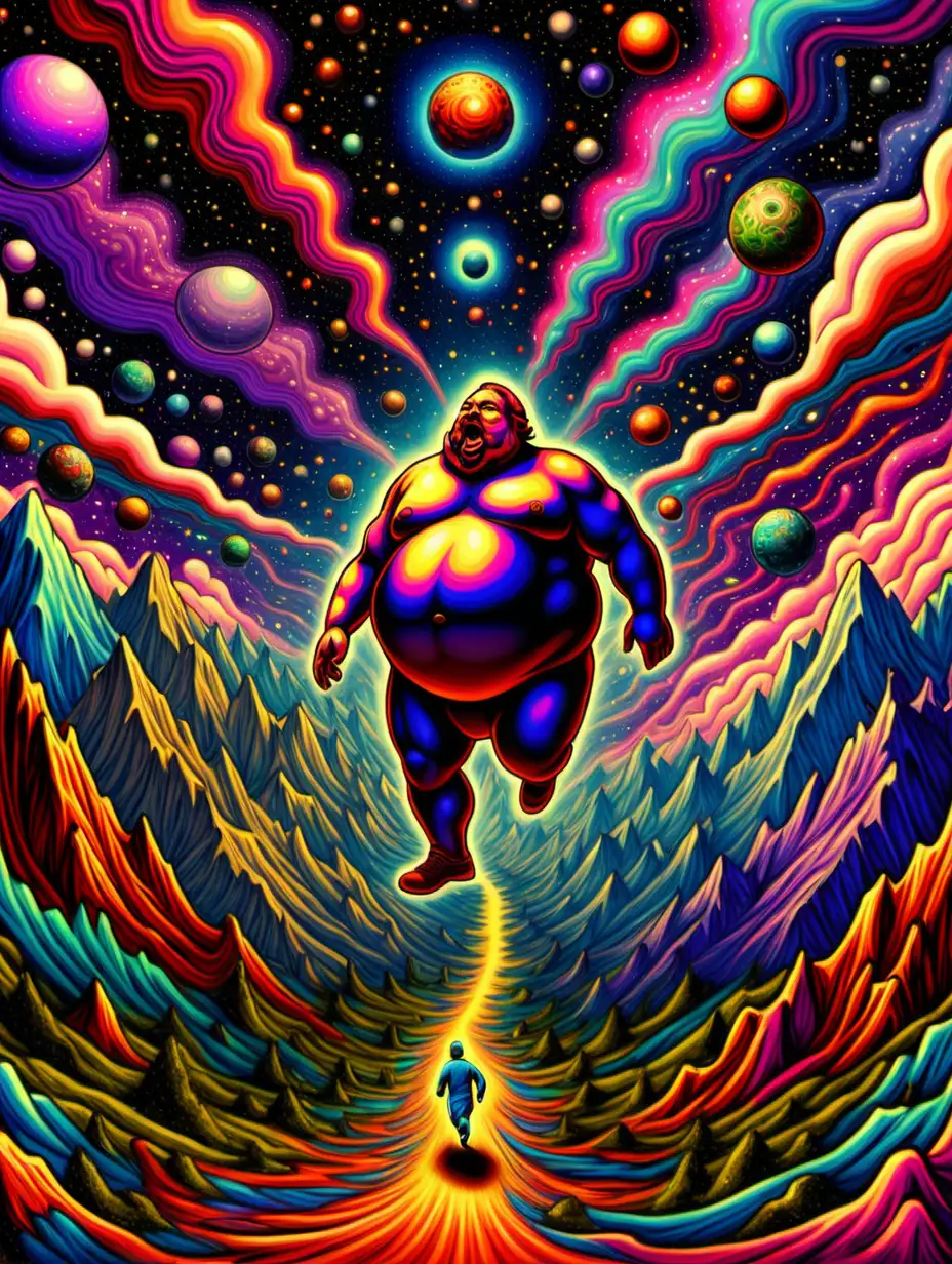 Simple,outerspace, trippy,dmt,psychedelic, consciousness. Expanding universe, mountains ,crazy fat man running 