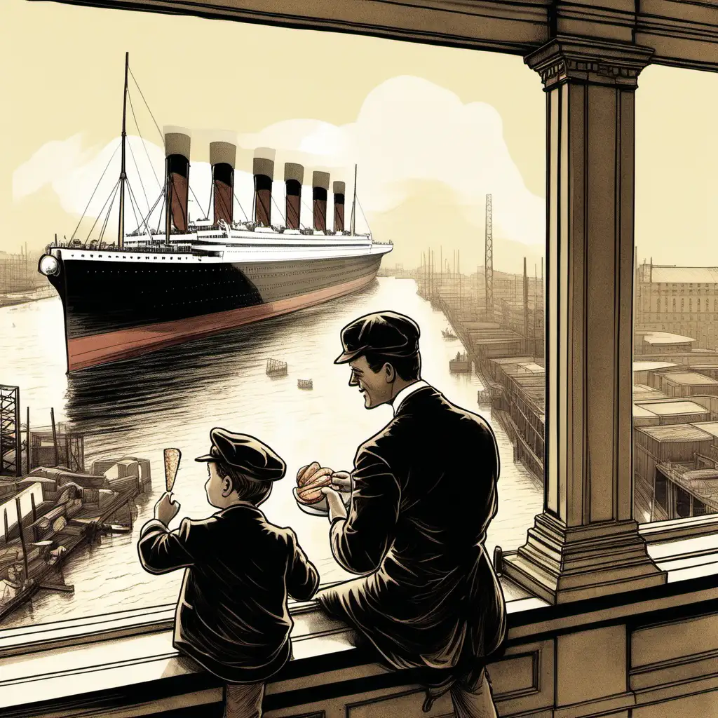 illustration: father and son enjoying sandwiches, overlooking the construction of the R.M.S Titanic






