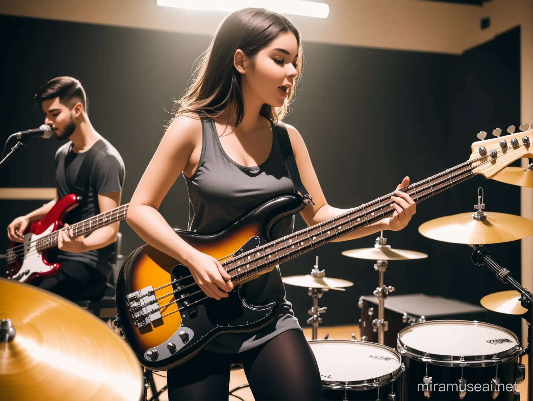 Girl playing bass guitar in a rehearsal room with a young male drummer and a male guitarist