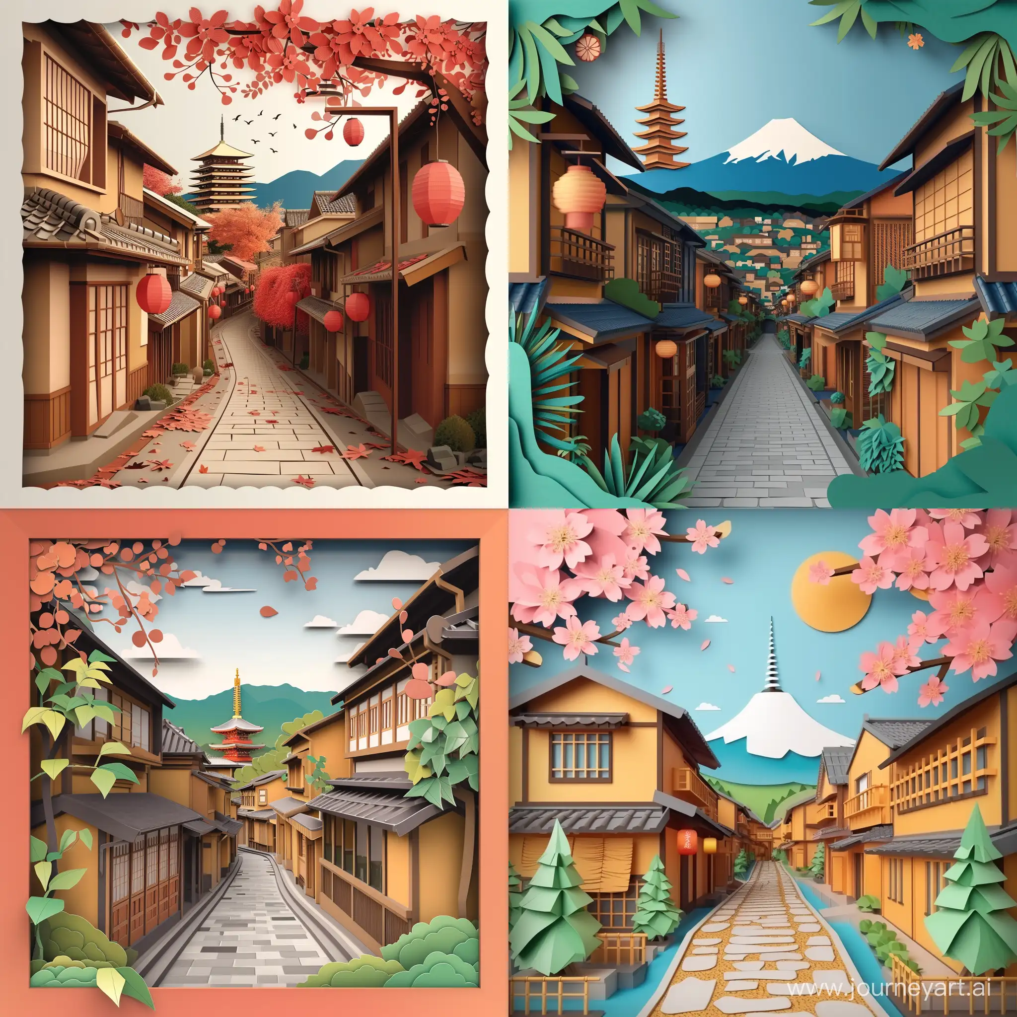 Traditional-Japanese-Cut-Paper-Art-Kyoto-City-Street-Vector-Illustration