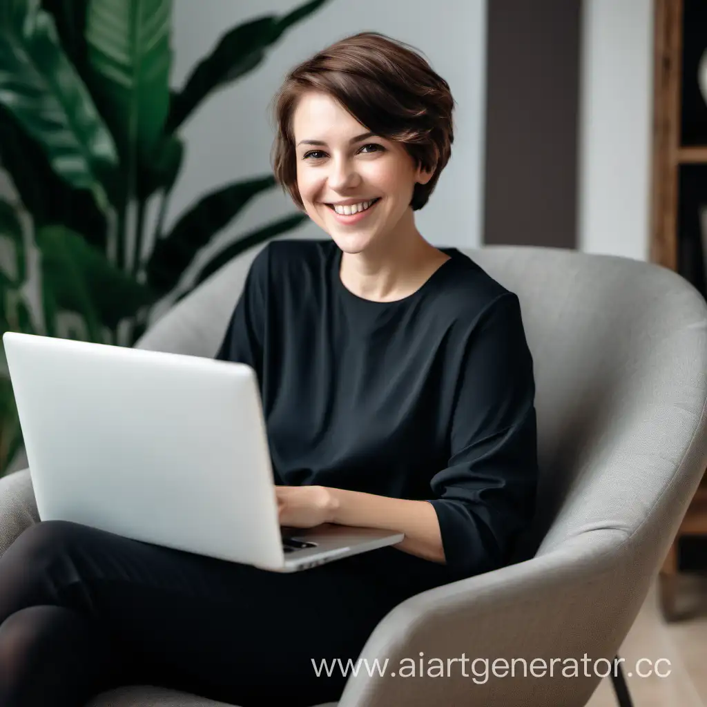 Smiling-BrownHaired-Woman-Working-on-Laptop-with-Coffee