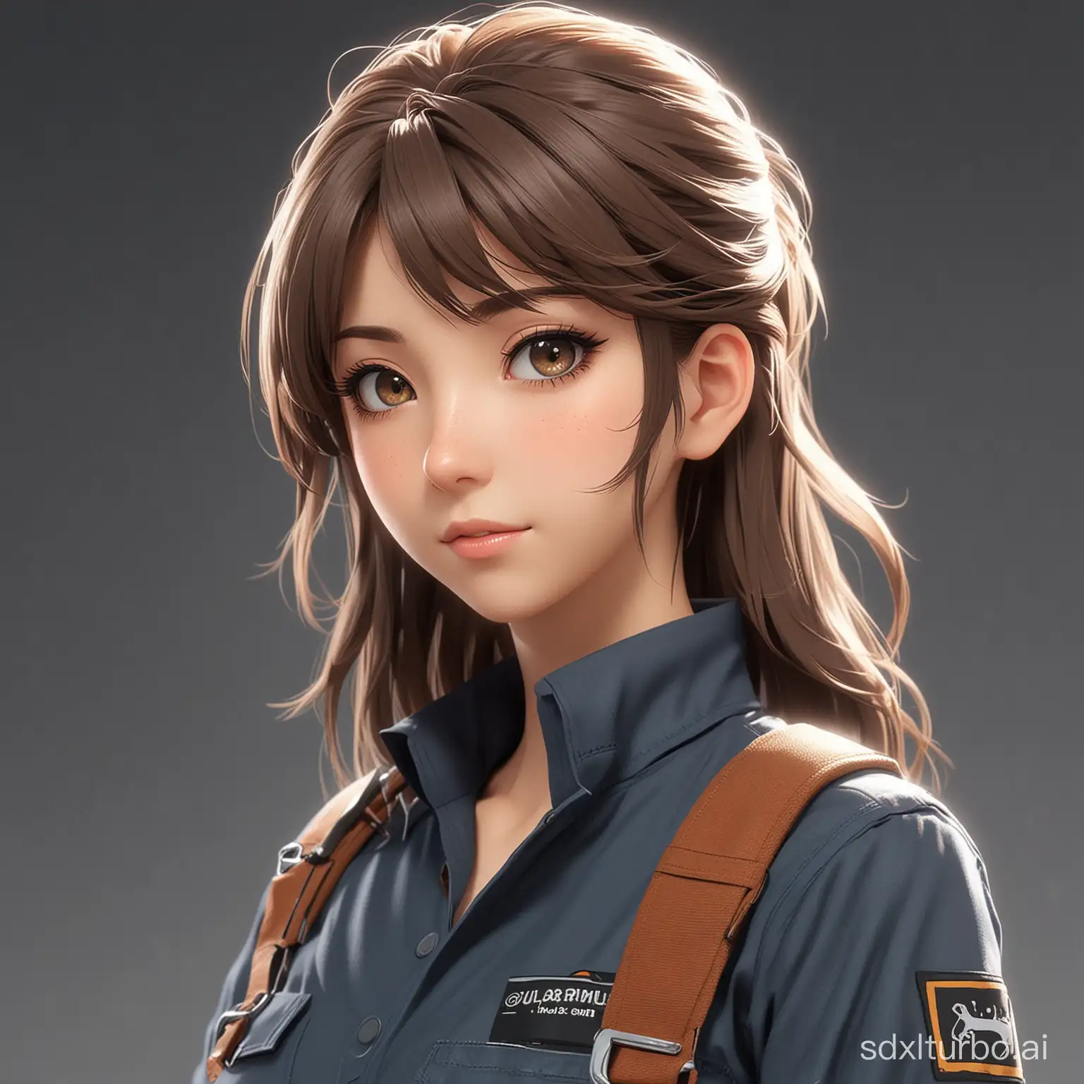 Anime character that looks like a mechanic, I want the background to be transparent. Should look serious but cute, zoomed out. Cinematic.