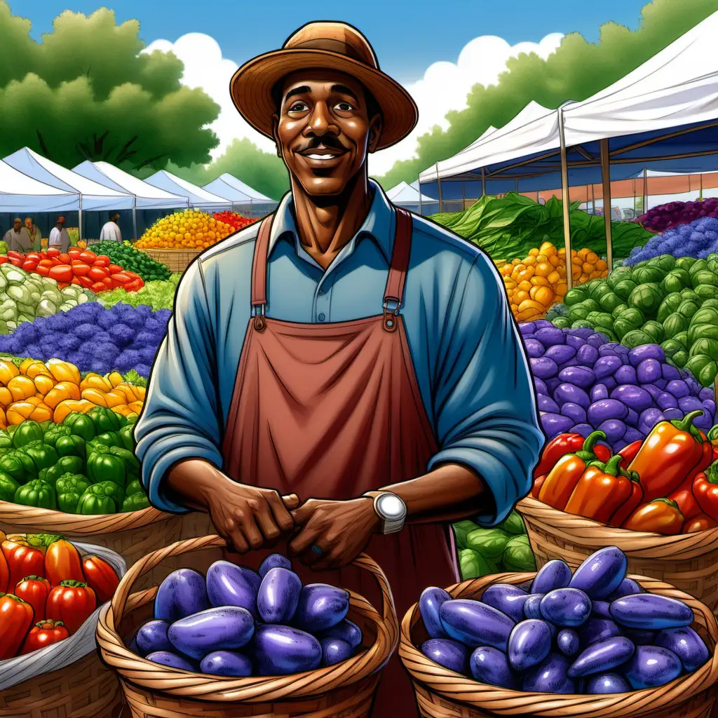 cartoon ernie barnes style african american man standing in front of baskets of blue potatoes, rainbow chard and bell peppers at the farmer's market