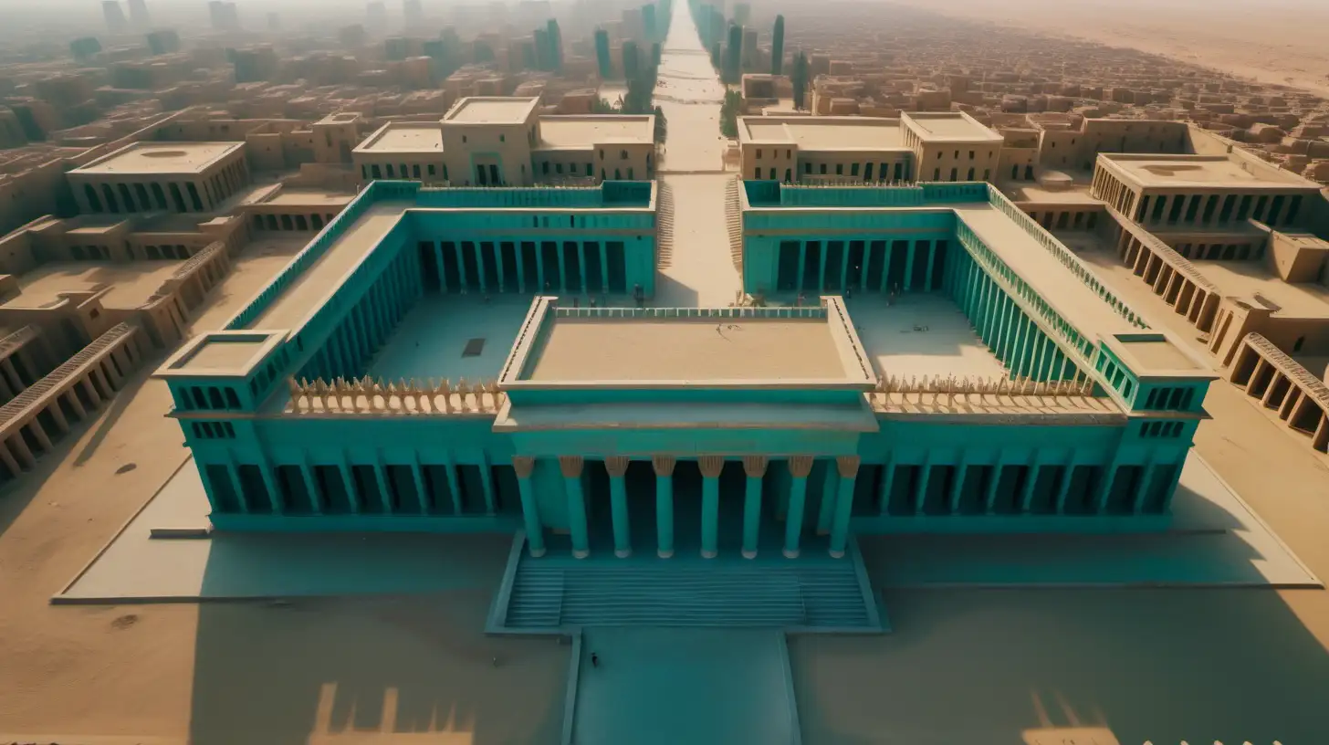 An drone straight down view of a palace in Egypt, half the palace is modern, half the palace is ancient, Break of Dawn sky in the distance Ultra 4k, high definition, 1080p resolution, lighting is volumetric with a light greenish teal hue