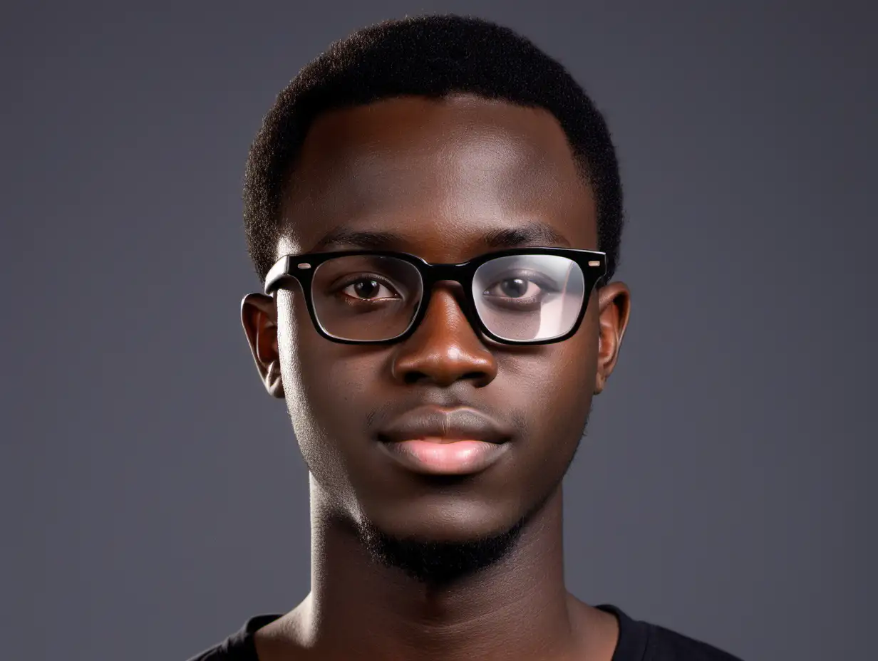 The person is a male from Ghana.  He is 23 years old, no facial hair, no beard, his skin is smooth, slightly pink bottom lip, brown eyes, black hair and black square eyeglasses