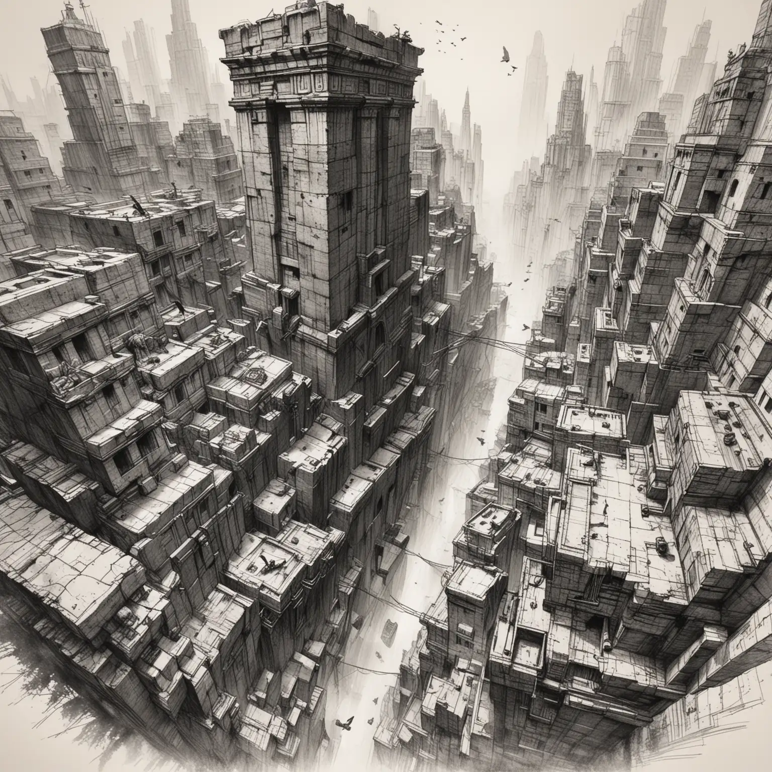 3 point perspective city sketch explorer  tomb raider style, birds eye view