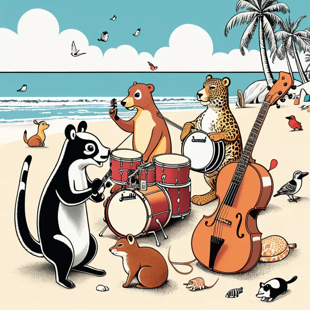 3 animals making music on the beach 
[style: 60s retro comic]

