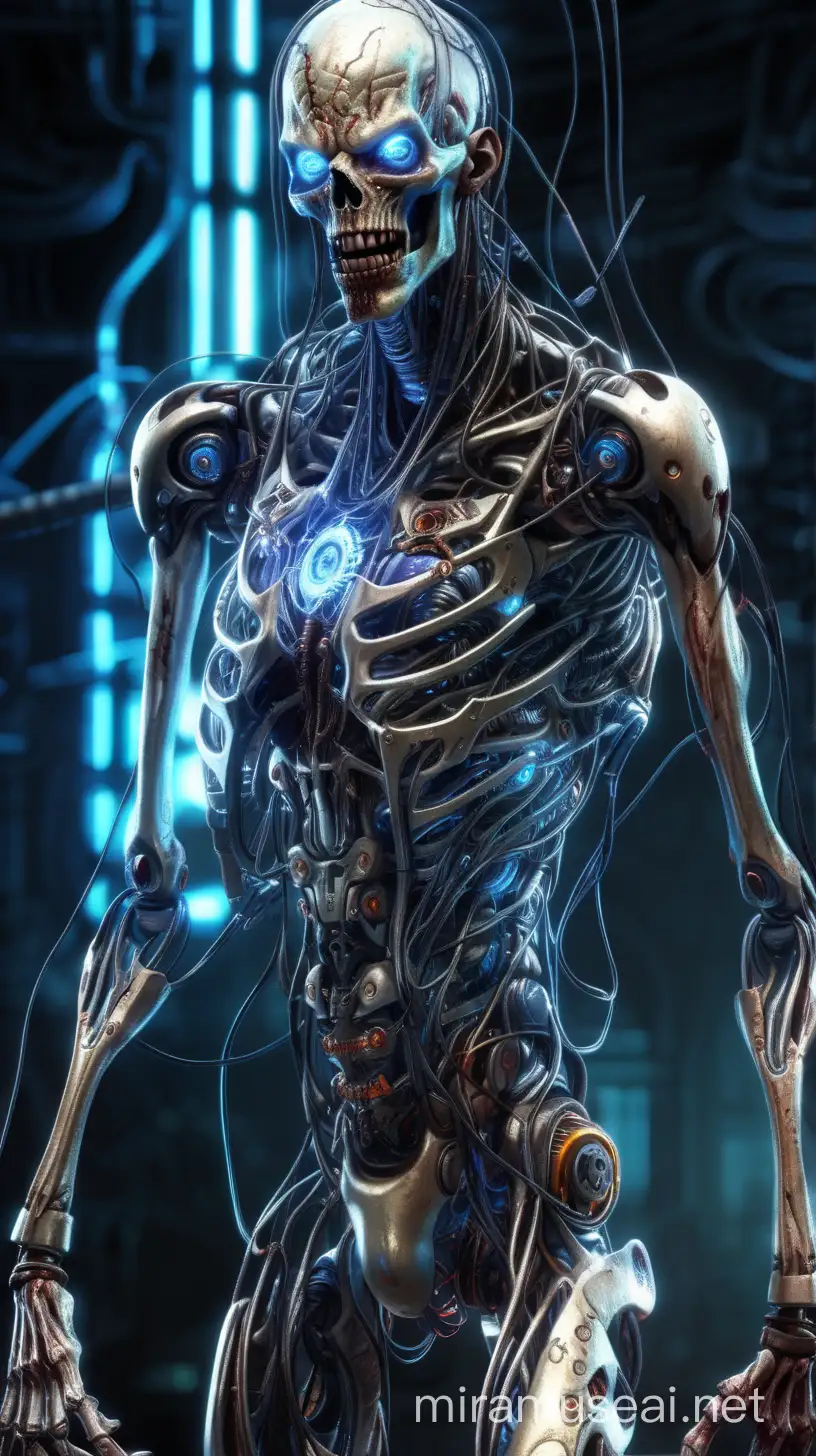 Cybernetically Enhanced Zombie with Glowing Blue Eyes and Metallic Claws in Futuristic Setting
