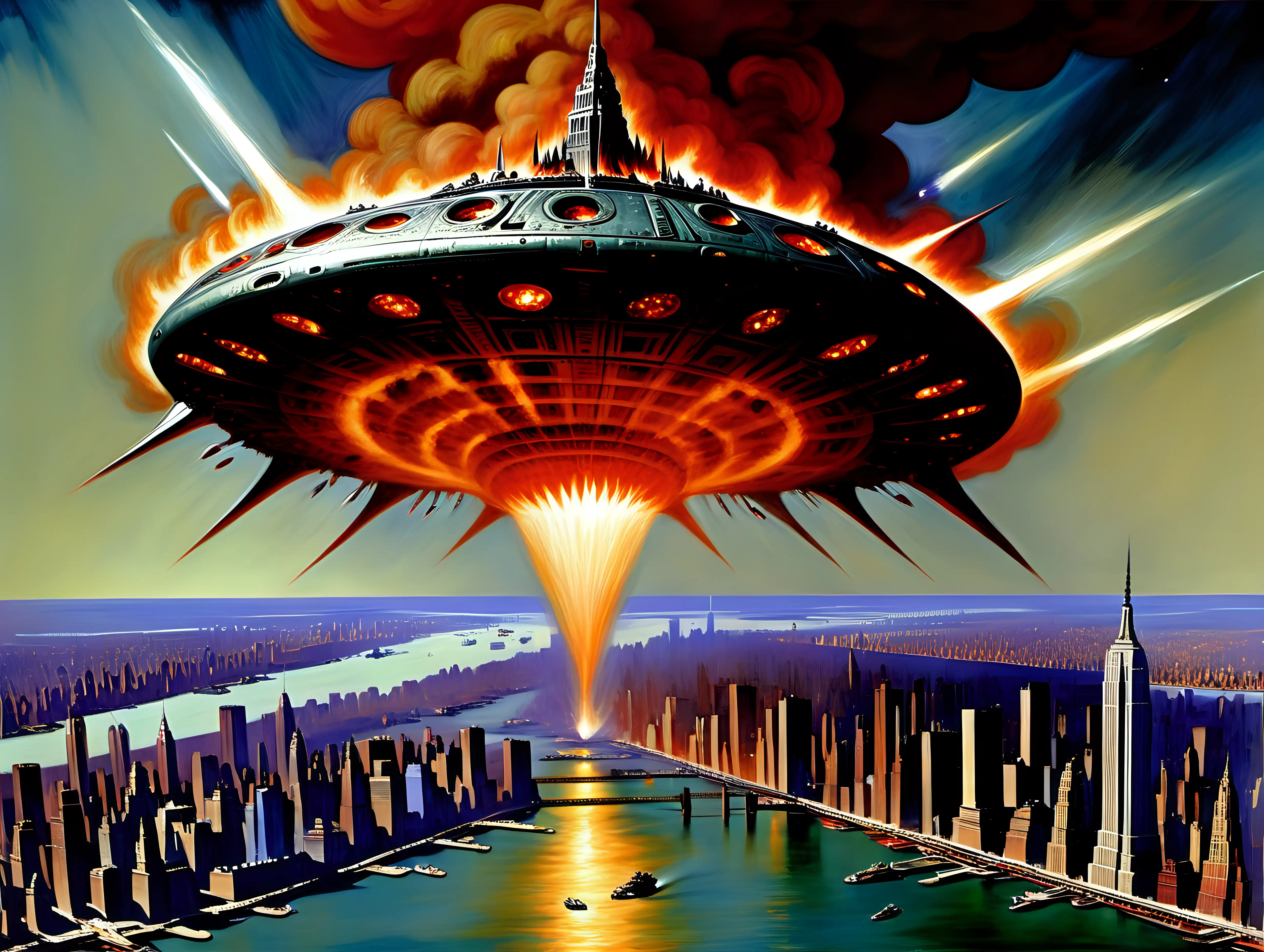 alien spacecraft attacking NYC on fire in 1940   Frank Frazetta style