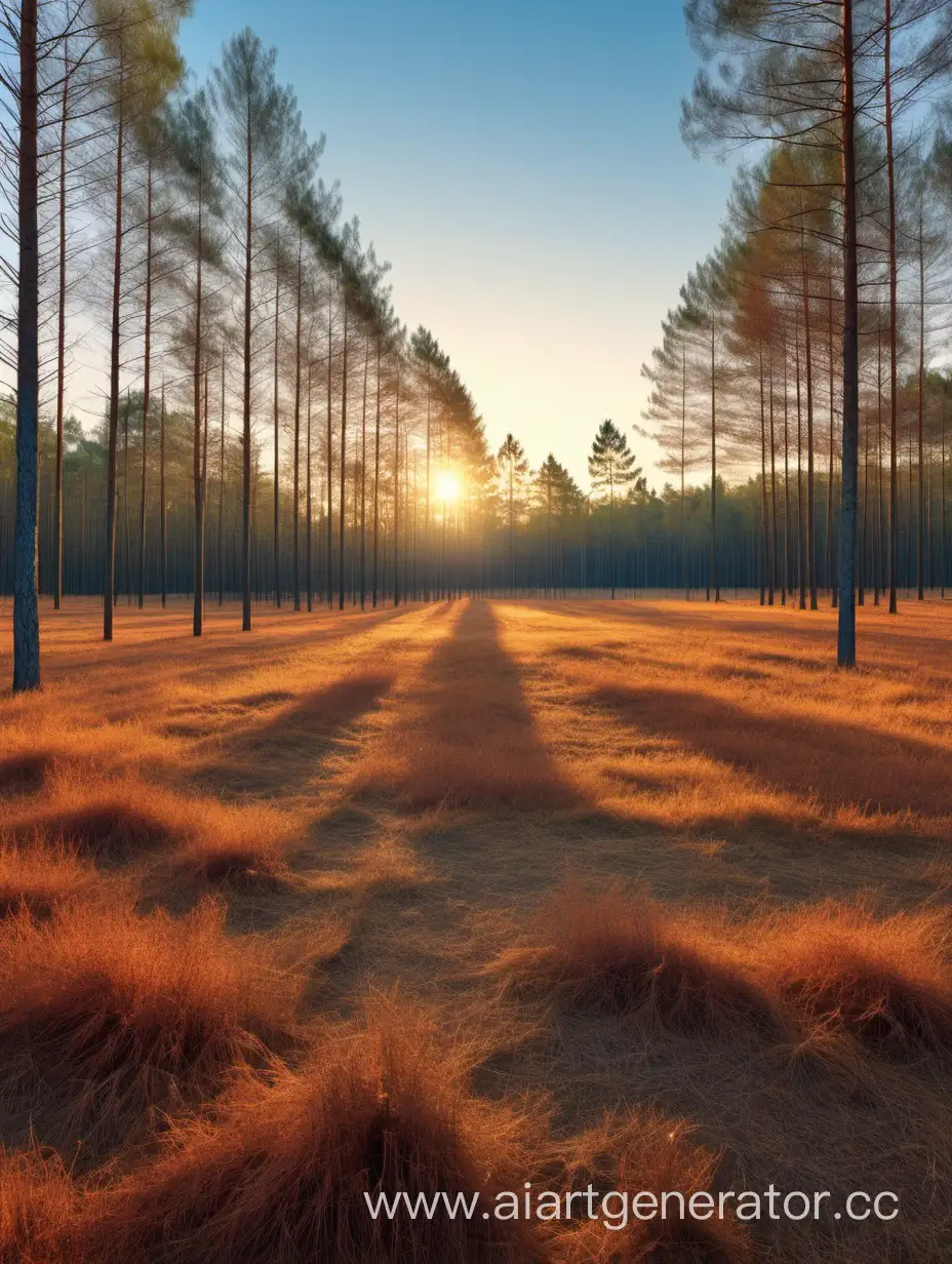 Горизонтальный пейзаж. Освященная закатным солнцем поле. Задний план: сосновый бор.  Молодые и взрослые деревья. Земля засыпана осенними листьями.
Небо тено-синее