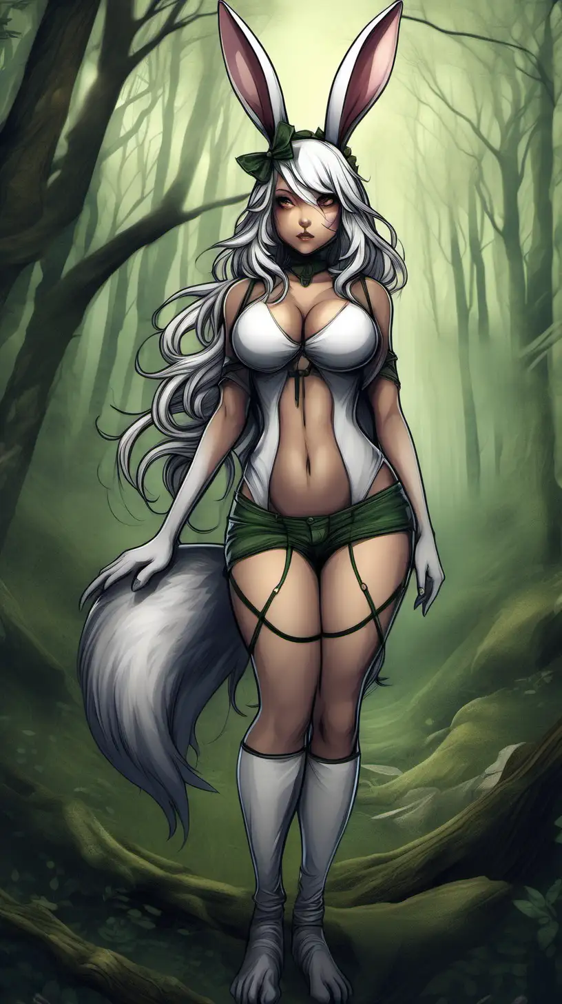 An image of a sexy and very curvy half bunny half human highbreed, very short, bunny ears and tail, with the characteristics of both a bunny and a human, deep in a forest in a detailed fantasy style
