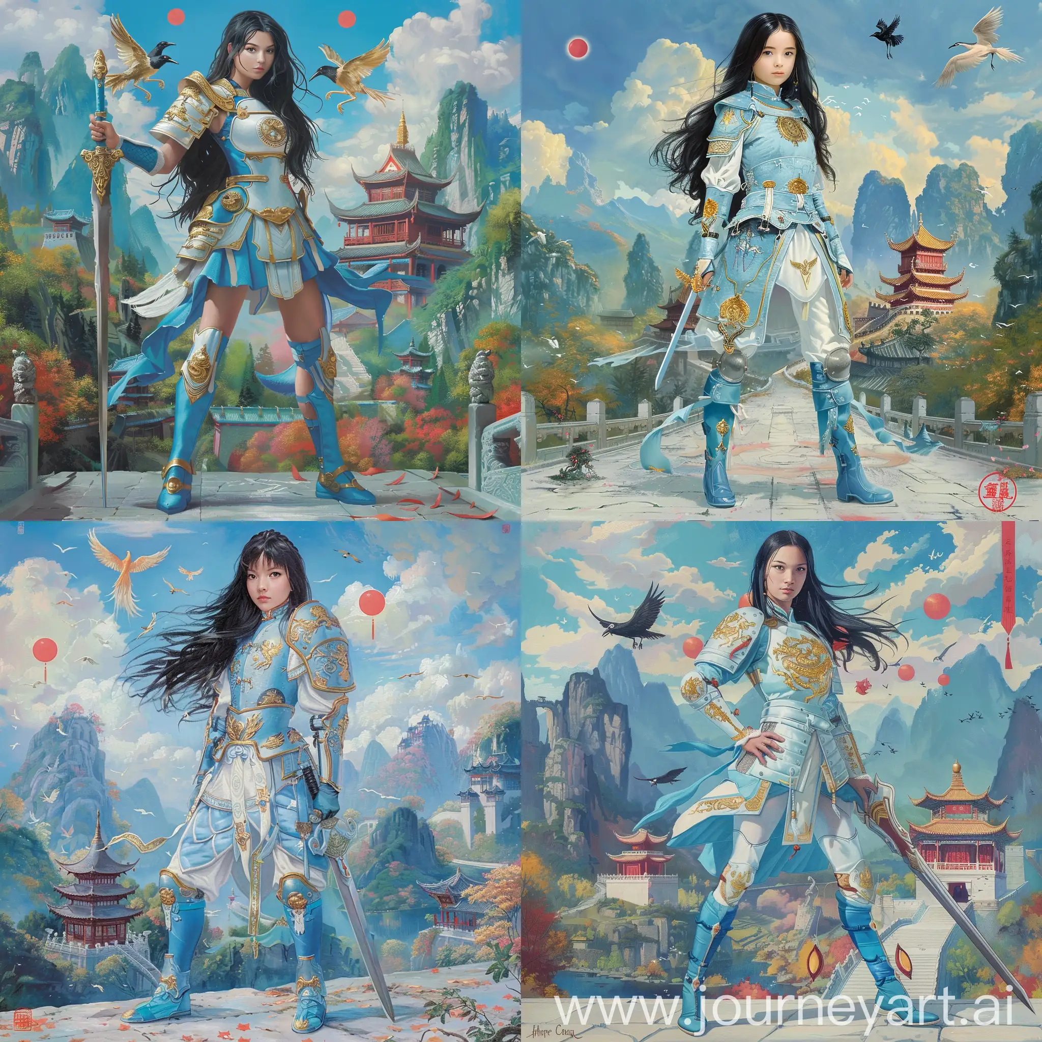 Chinese-Warrior-Cho-Chang-in-Historic-Armor-with-Sword-Against-Guilin-Mountain-Backdrop