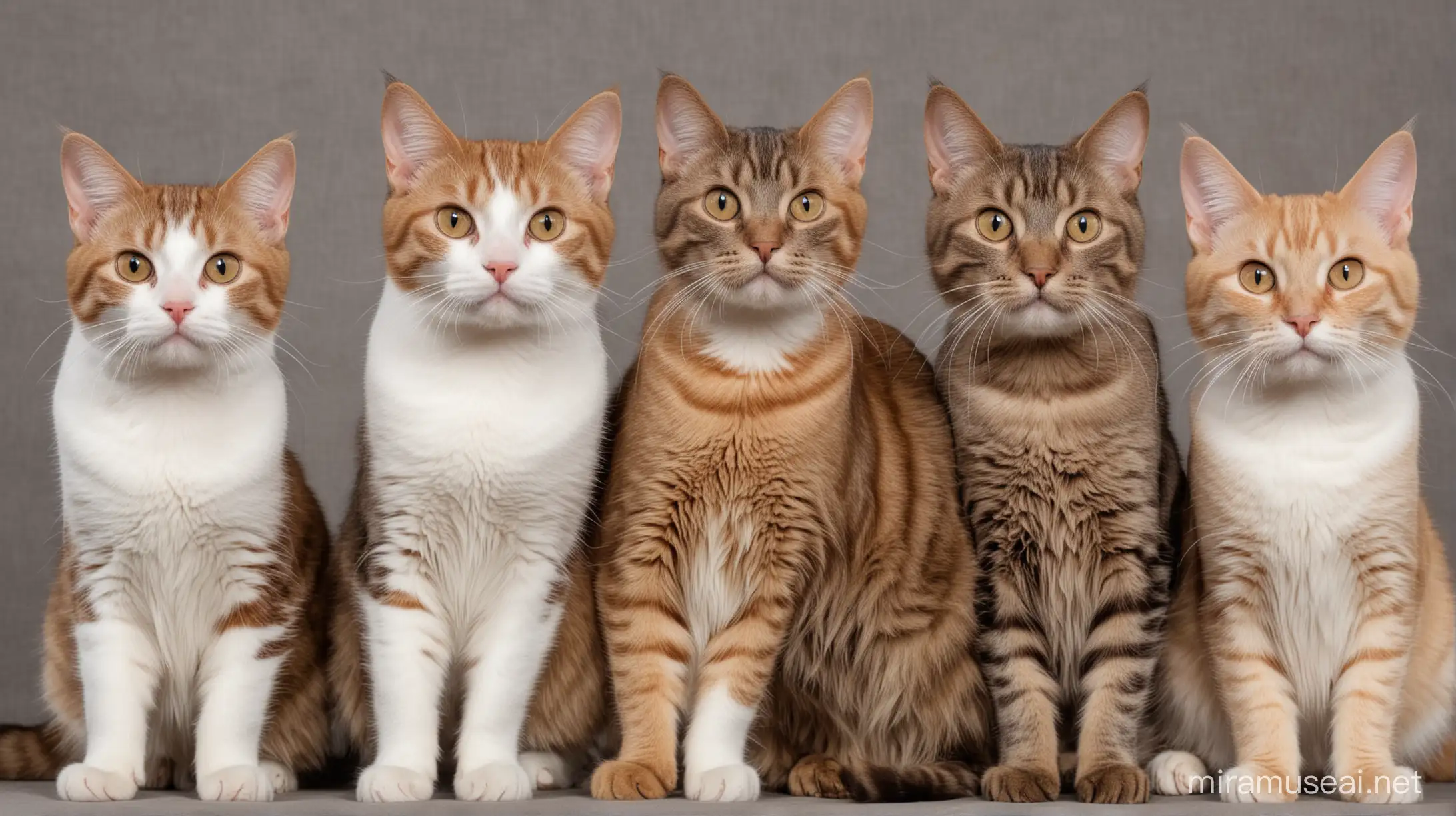 American Wirehair Cat, Bengal Cat, Burmese Cat, Maine Coon Cat, Munchkin  Cat, 5 brown cats
