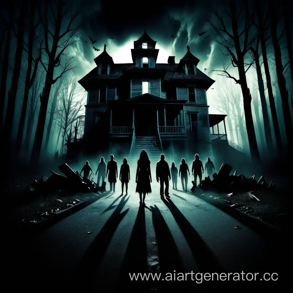 A poster for a horror movie, where a scary house and shadows of people are in the background 
