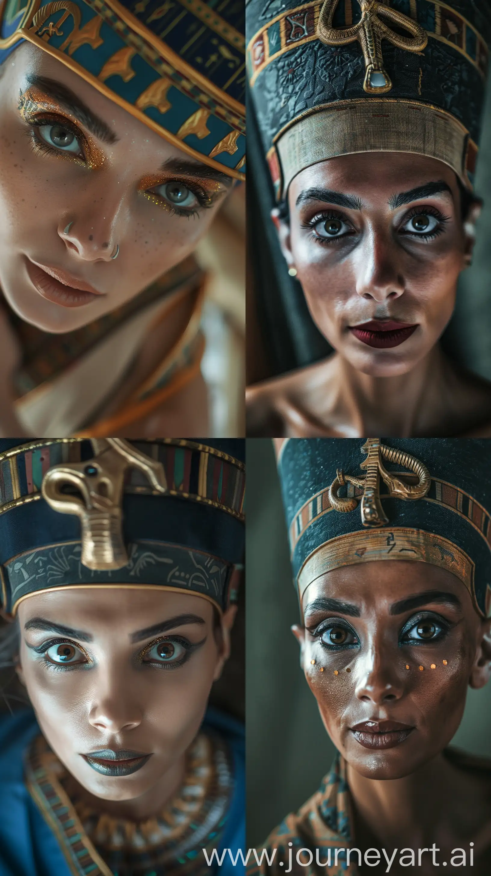/imagine prompt: Pharoah Queen Nefertiti, depicted in Pharaoh attire, brunette, make-up, wide nose, big eyes, looking at the camera, Portrait Photography, Cinematic Lighting, Close-Up shot, Nikon AF-S 70-200mm, Cinematic Noir Contrast --ar 9:16