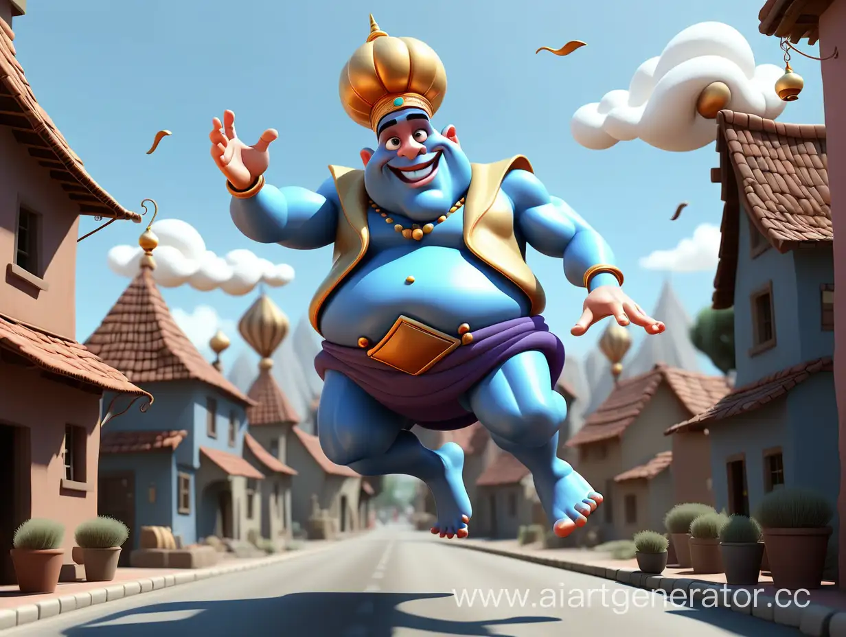 cartoon style, 8k, 3d, one big genie flying in the air in the village on the road