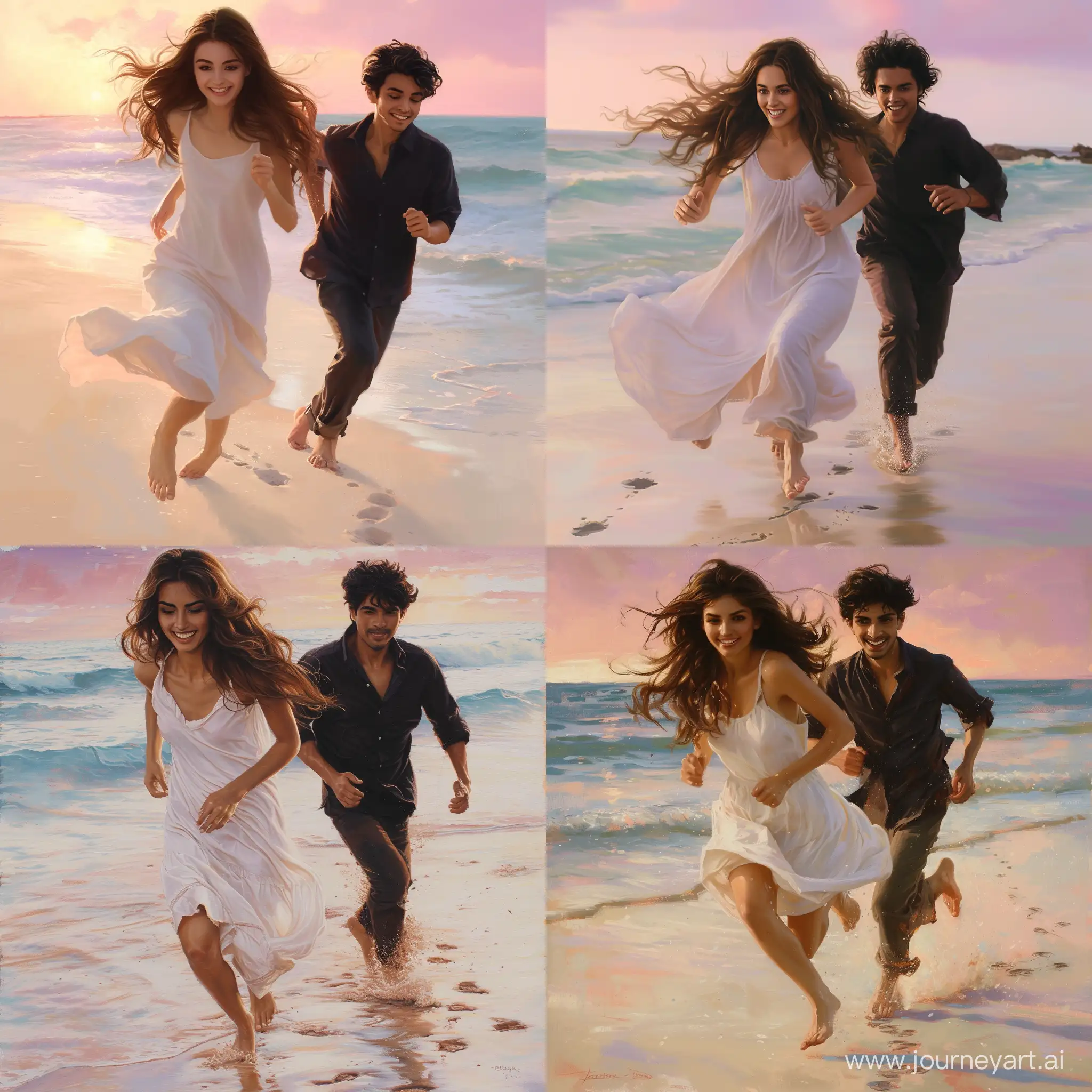 Joyful-Couple-Running-Barefoot-on-Seashore-at-Dawn