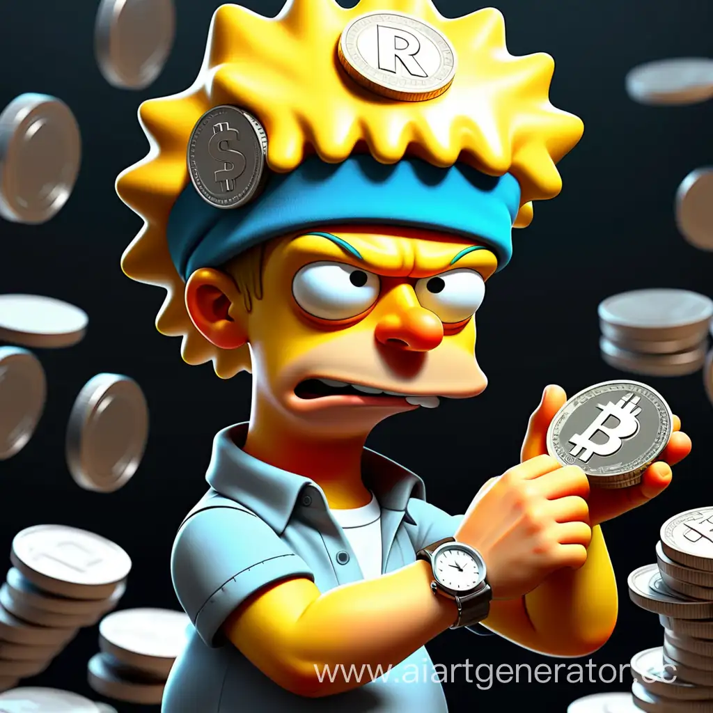 A funny Simpsons-style boy with a headband that says Mr. kortoshka free with a watch on his hand against a background of crypto coins and money