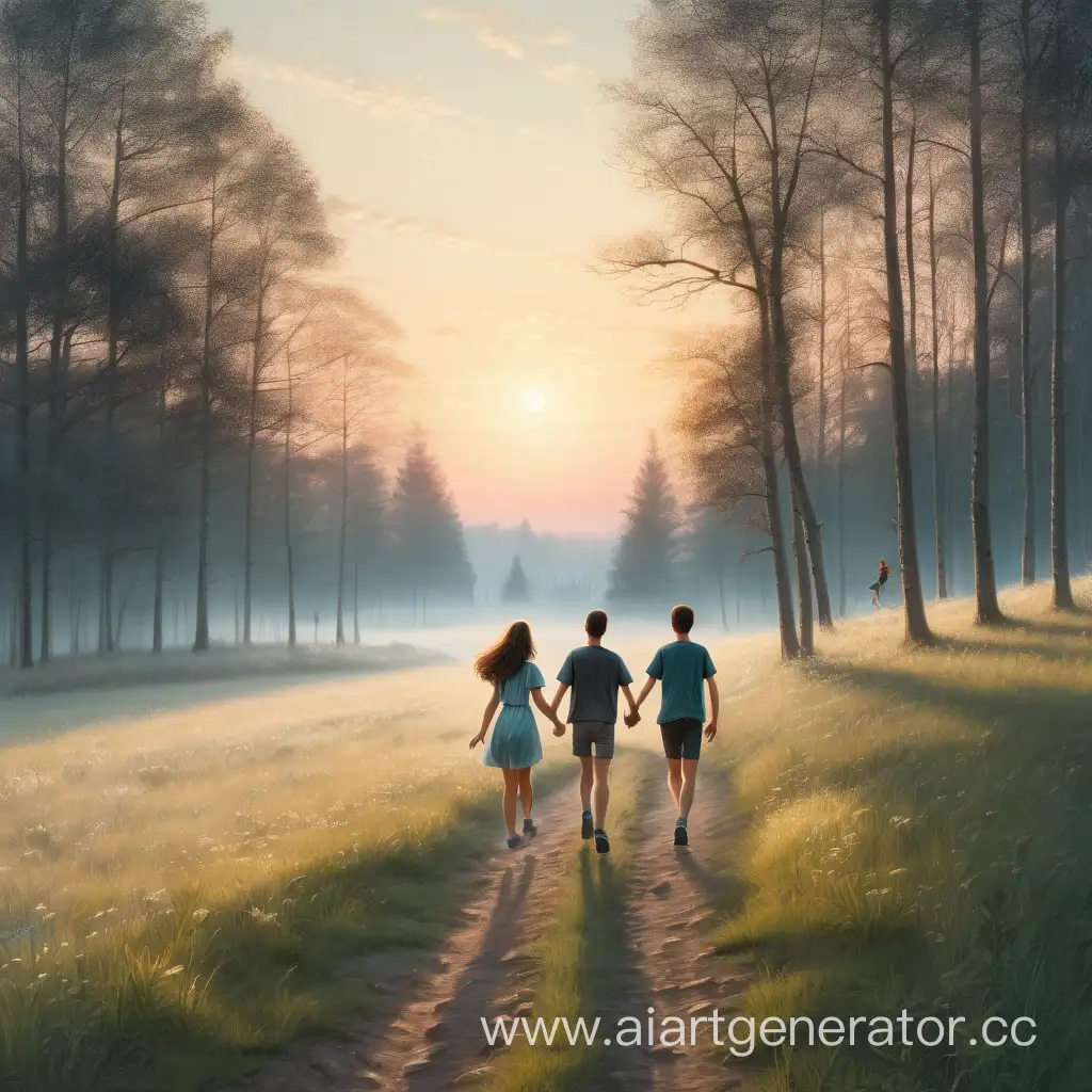 Утренний лес, рассвет, видно небо, парень и девушка бегут по тропе держась за руку вид со спины
