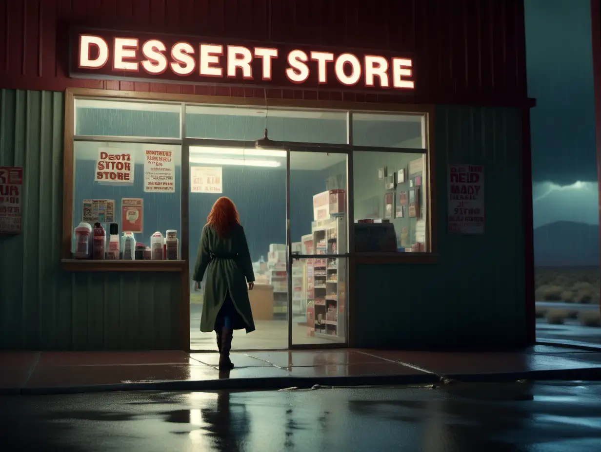 Cinematic Desert Night RedHeaded Woman Entering 24Hour Convenience Store in Heavy Rain