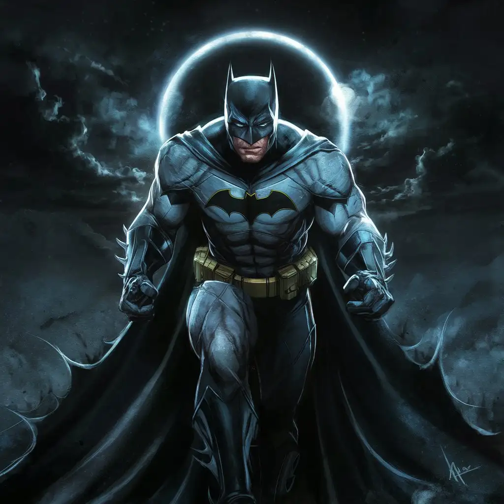Craft a striking depiction of a Batman, infusing him with a darker complexion than his usual portraya. Show him striding purposefully towards the viewer against the backdrop of a dramatic moon eclipse. Emphasize his robust physique and regal aura, evoking the image of a formidable king gearing up for battle. Ensure meticulous attention to detail in rendering his hands accurately and conveying the desired intensity and emotion in his eyes. Your task is to create a captivating artwork that captures Batman's menacing yet commanding essence, now heightened by his darker skin tone.